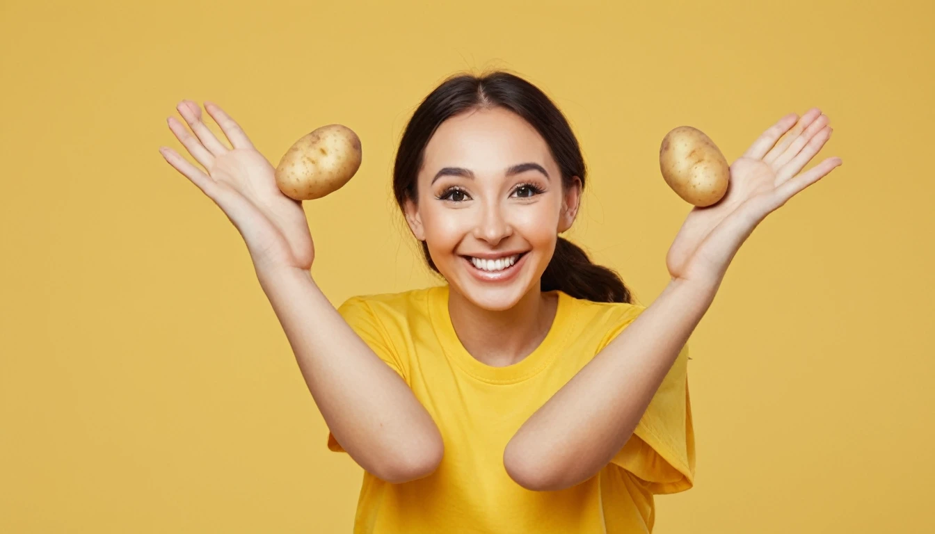 potato logo with additional hands showing okay and feet, smiling face yellow background