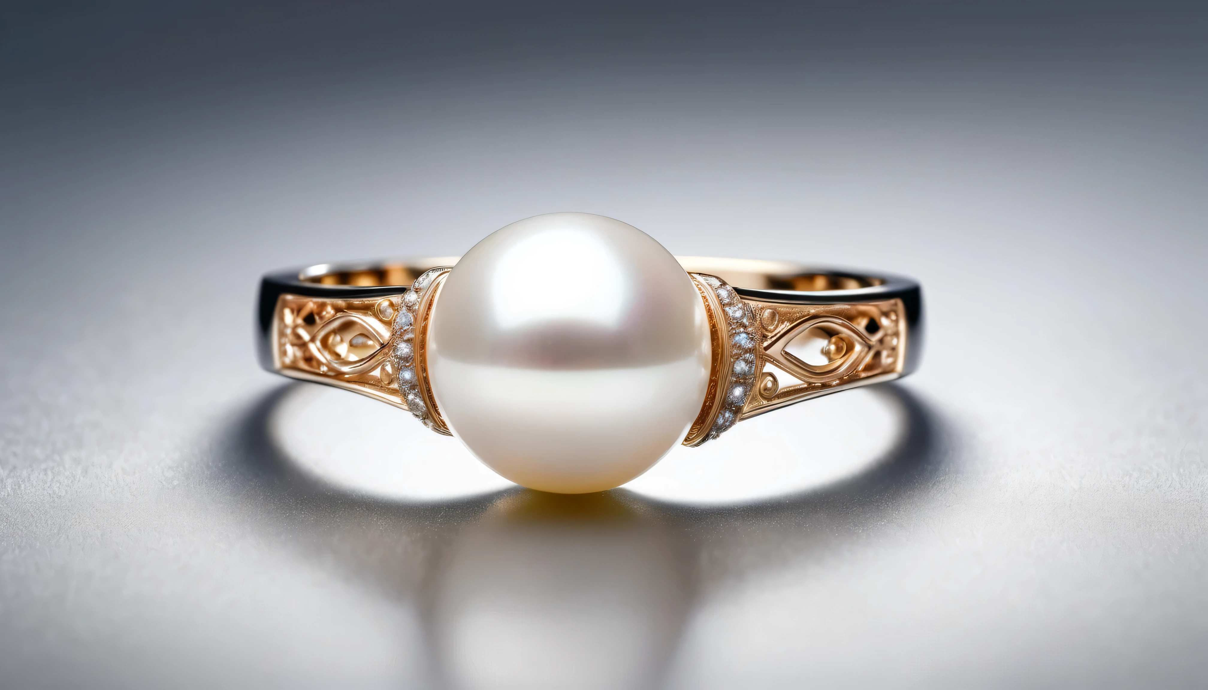 a single pearl ring, isolated, high quality macro photograph, photorealistic, 8k, award winning, dramatic lighting, minimalist background, detailed intricate design, beautiful iridescent pearl, gleaming metallic band, elegant composition, masterpiece