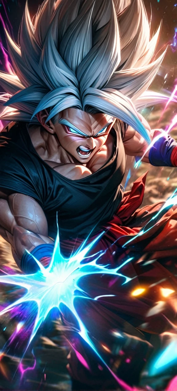 High quality, ultra realistic,absurdres, highres, ultra detailed, HDR, masterpiece, extremely detailed face and eyes,  super saiyan 5 goku , dragonball,,long white hair ,black shirt , solo, ,man, handsome, , , Epic fight scene, colorful splashing effect,colorful lightning  effect,glowing glitters , 