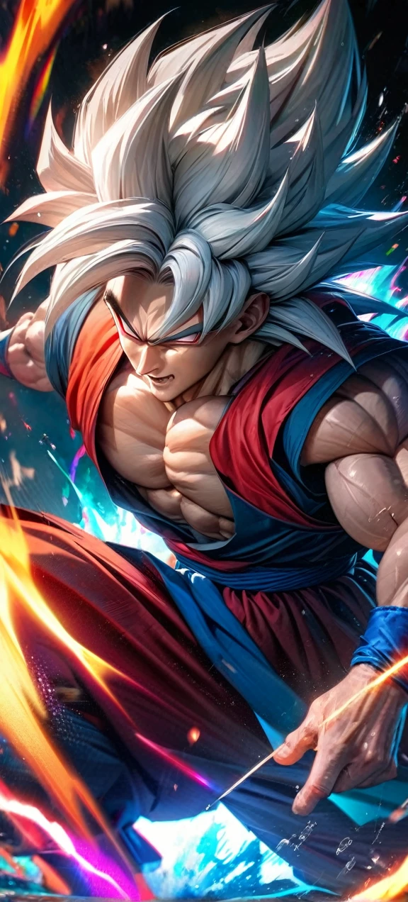High quality, ultra realistic,absurdres, highres, ultra detailed, HDR, masterpiece, extremely detailed face and eyes, super saiyan 5 goku , dragonball,,long white hair ,black shirt , solo, ,man, handsome, , , Epic fight scene, colorful splashing effect,colorful lightning effect,glowing glitters ,