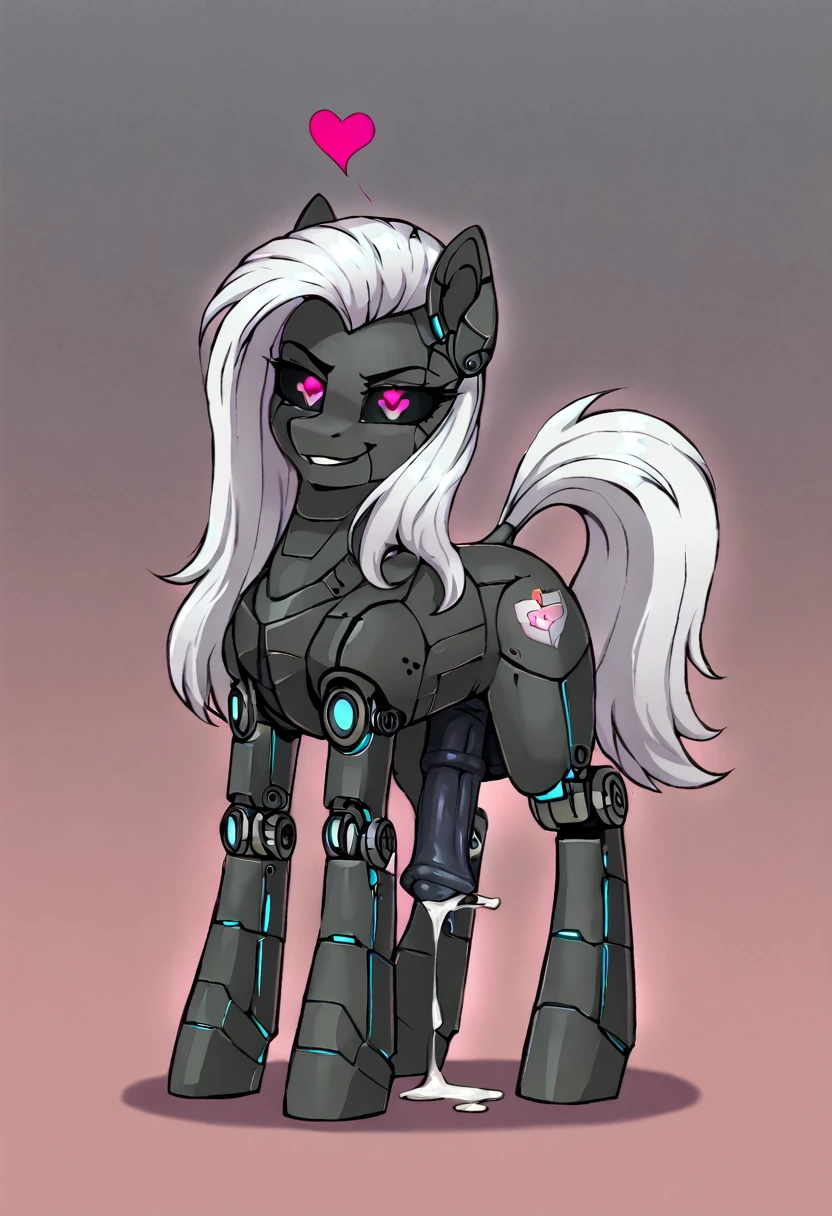 Earth pony, white mane,light blue cybernetic eyes, cybernetic body,black sclera ,black body color long mane ,pony ,horny pink heart eyes futa cum smirk, drolling