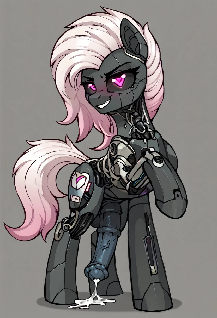 Earth pony, white mane,light blue cybernetic eyes, cybernetic body,black sclera ,black body color  long mane ,pony  ,horny pink heart eyes  futa cum smirk, drolling