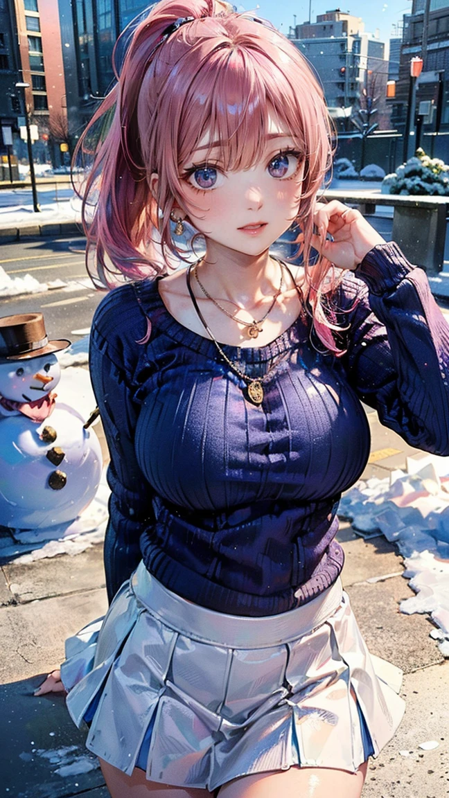 (Masterpiece, BestQuality:1.3), (ultra detailed:1.2), (hyperrealistic:1.3), (RAW photo:1.2), High detail RAW color photo, professional photograph, (Photorealistic:1.4), (realistic:1.4), professional lighting, perfect ???????, (Big Breasts:1.2), (blush, detailed face), (cheerful Smile:1.5), Trending Hair&Trending Hairカラーをランダムに, earrings, necklace, bracelet, sexy, ?????? sexy, Random sexy gravure poses, (Beautiful woman in a blue sweater and white skirt。The background is a winter cityscape。The expression is a happy smile。Her hair is pink and in a ponytail。Pose with a snowman。:1.3)