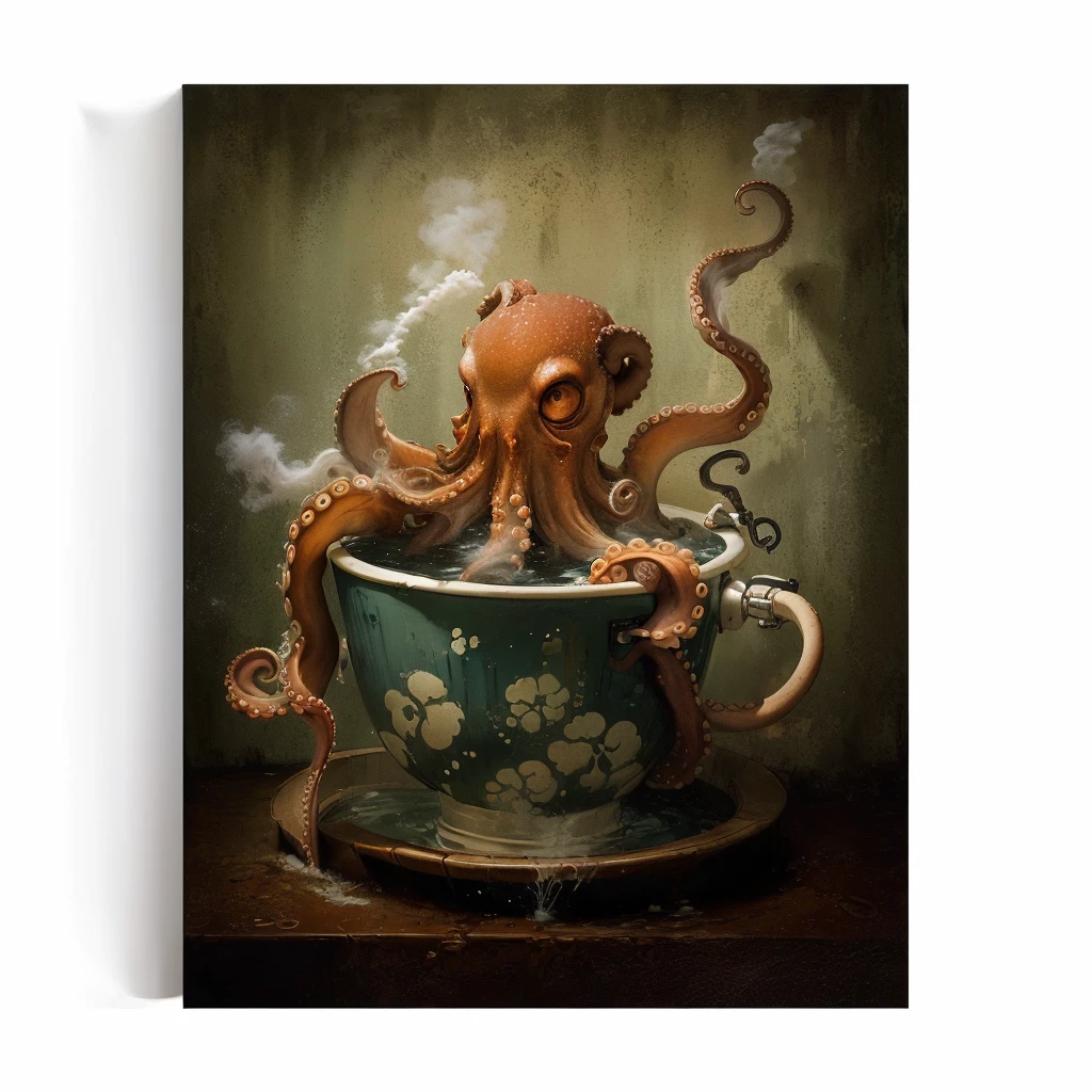 octopus in a toilet with steam coming out of it, anthropomorphic