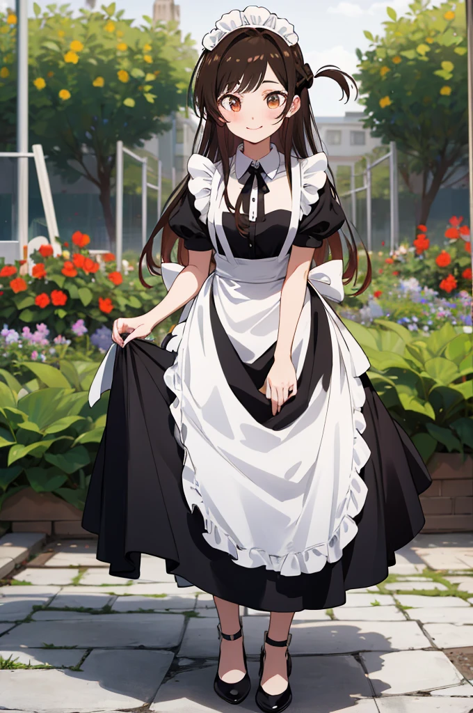 masterpiece, best quality, highres, aachizuru, long hair, one side up,  maid, maid headdress, apron, black dress, skirt hold, smile, garden, standing,