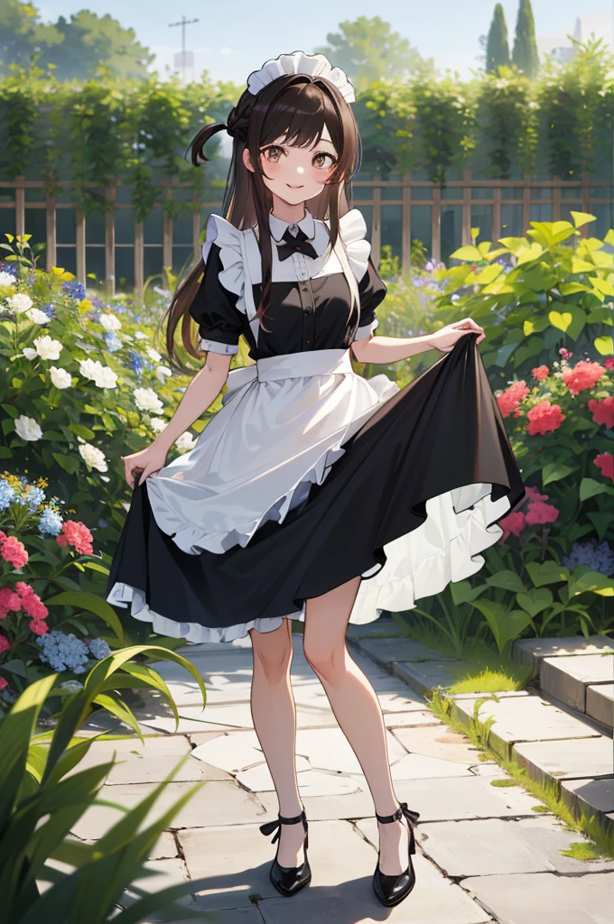 masterpiece, best quality, highres, aachizuru, long hair, one side up, maid, maid headdress, apron, black dress, skirt hold, smile, garden, standing,