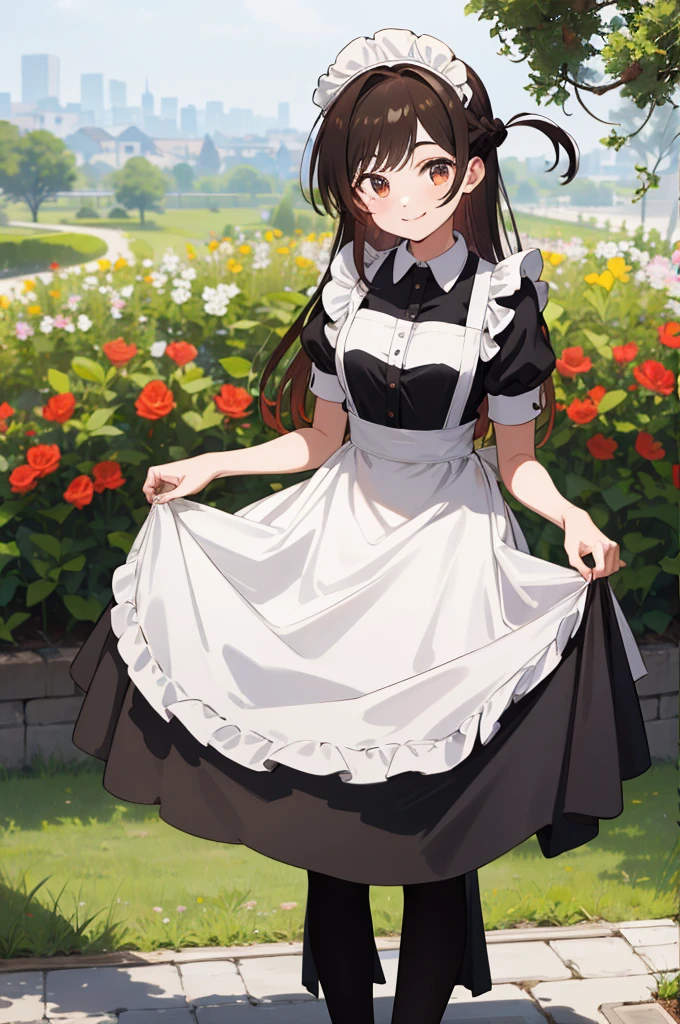 masterpiece, best quality, highres, aachizuru, long hair, one side up, maid, maid headdress, apron, black dress, skirt hold, smile, garden, standing,