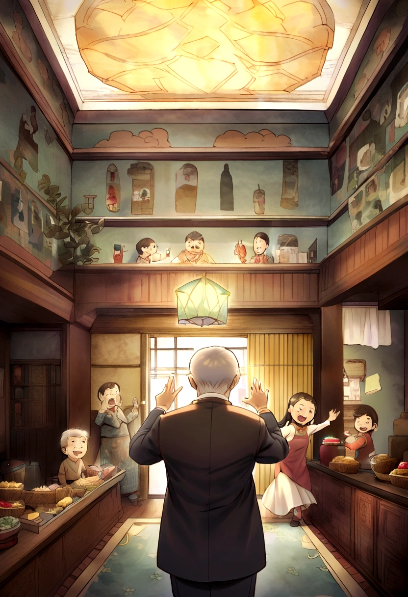 My mother is wearing a long white dress,Dad in a shirt,The three-year-old laughed happily.,Grandpa is wearing a suit,My grandmother was wearing a Chinese dress.,All five members of a family eat mooncakes at home,colorful kids book illustration,White Basemap,