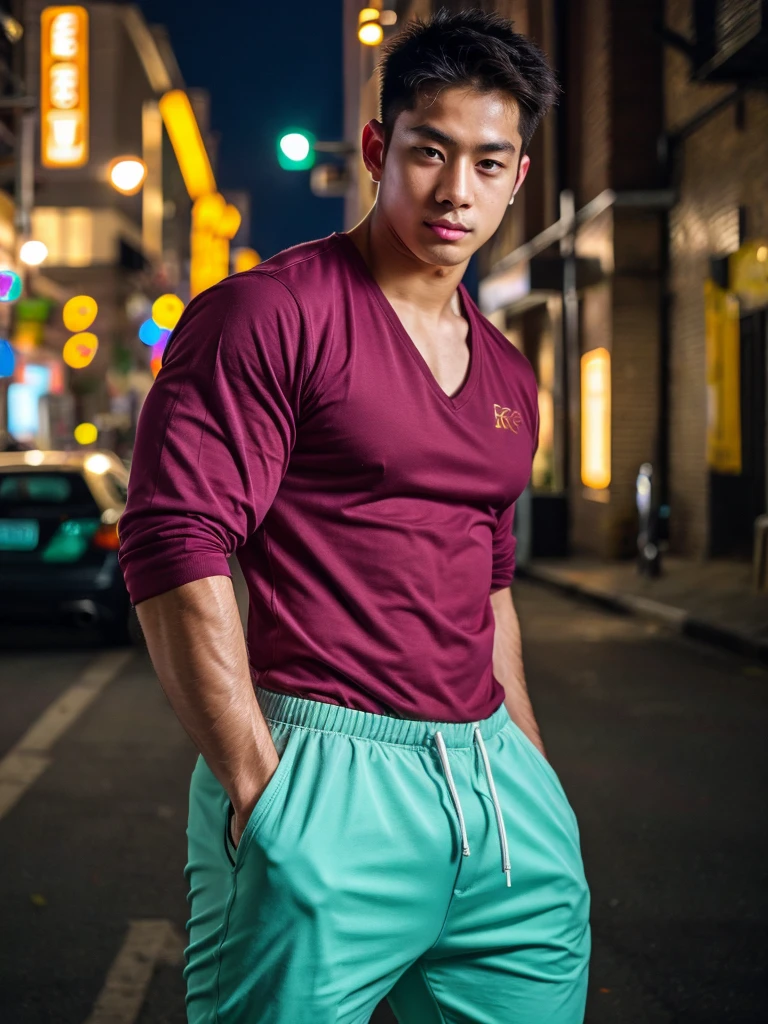 a young asian man, 20 years old, wearing a shirt and pants, dynamic movement pose, big pecs, (best quality,4k,8k,highres,masterpiece:1.2),ultra-detailed,(realistic,photorealistic,photo-realistic:1.37),HDR,UHD,studio lighting,ultra-fine painting,sharp focus,physically-based rendering,extreme detail description,professional,vivid colors,bokeh,portrait,photography