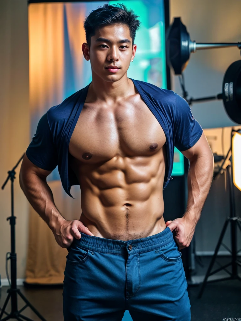 a young asian man, 20 years old, wearing a shirt and pants, dynamic movement pose, big pecs, (best quality,4k,8k,highres,masterpiece:1.2),ultra-detailed,(realistic,photorealistic,photo-realistic:1.37),HDR,UHD,studio lighting,ultra-fine painting,sharp focus,physically-based rendering,extreme detail description,professional,vivid colors,bokeh,portrait,photography