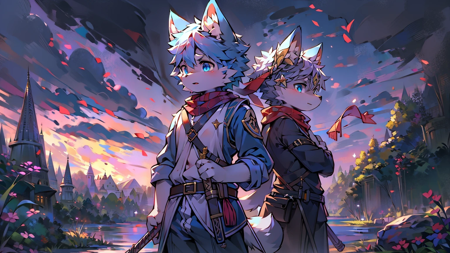 Wolf,juvenile,male,Gray-black fur,Sky blue eyes,Ancient combat uniform,scarf,Holding a long sword,Scabbard back,permanent,The only one,dawn,illumination,Break