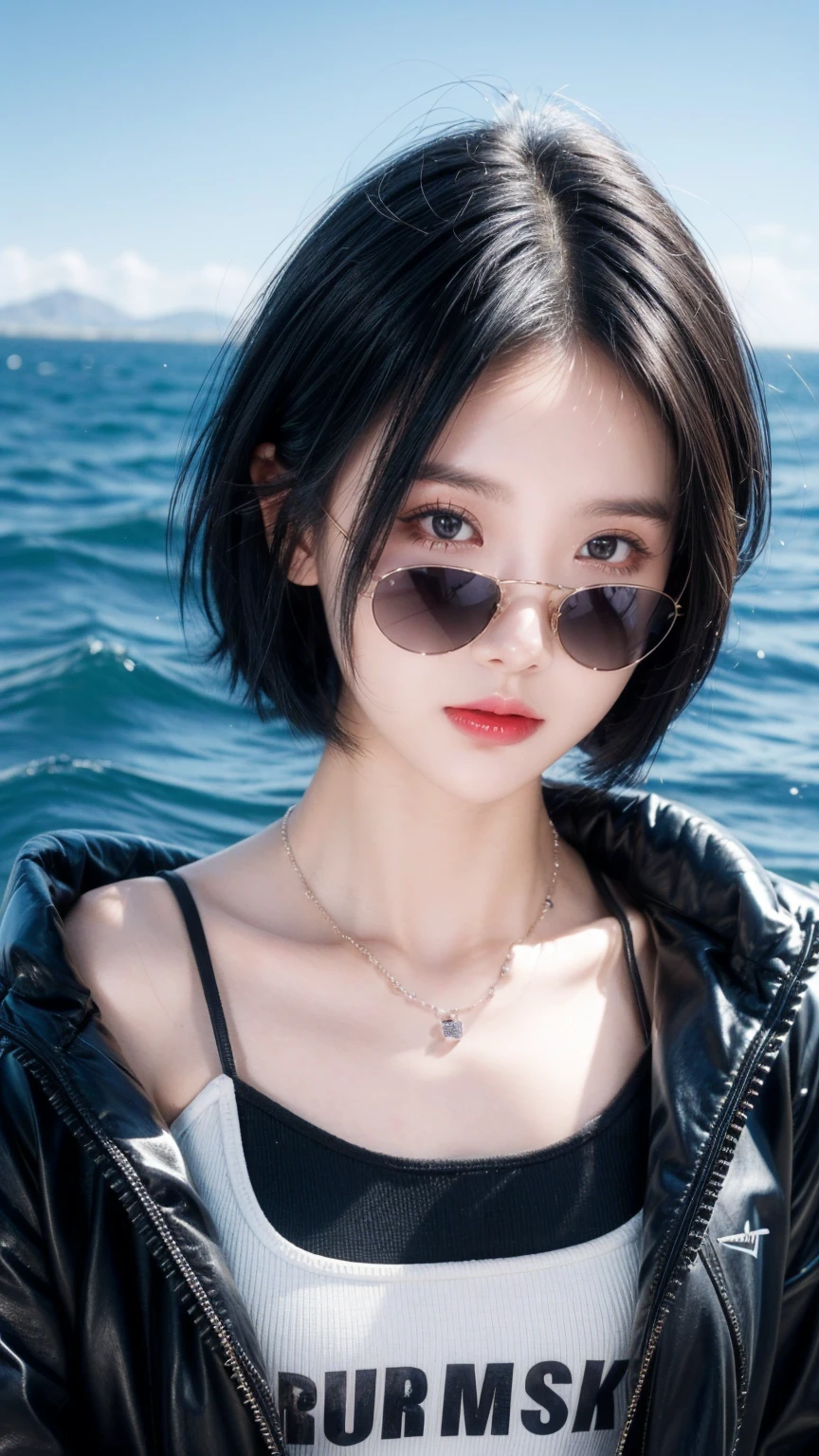 best quality, 1 Girl, dark blue hair, black eyes, Very short hair, Spiky hair,  Wearing black sunglasses, 171 cm, Messy hair, Hair between the eyes, Medium breas, Tomboy, aldult, 20 years old, 1 Girl with yatch luxury at the sea