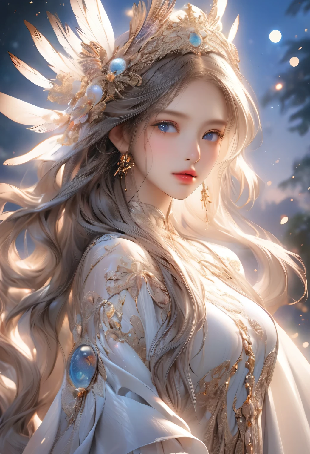 Fantasic Illustration, Masterpiece: 1.2, Highest Quality, Highres, 16k, Beautiful Detailed, Ultra-Realistic, Photo Realistic: 1.37, a beautiful and cute celestial maiden with feathered robes, detailed upper-body, beautiful detailed eyes, beautiful detailed lips, extremely detailed face, long eyelashes, flowing hair, elegant pose, fantasy shangri-la landscape background, glowing light, soft warm colors, cinematic lighting, intricate details, digital art, active posing