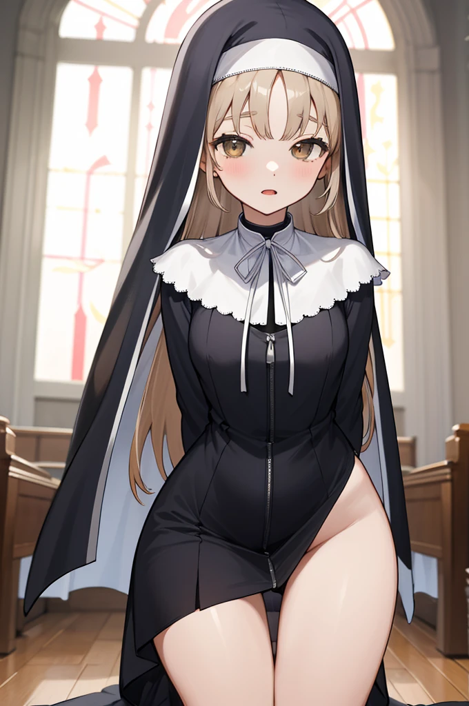masterpiece, best quality, highres, aasister, long hair, nun, habit, white capelet, neck ribbon, (black dress:1.2), long sleeves, white gloves, full-length zipper, church, indoors, kneeling, arms behind back,(((nsfw))),looking viewer,thigh gap,thigh,short dress