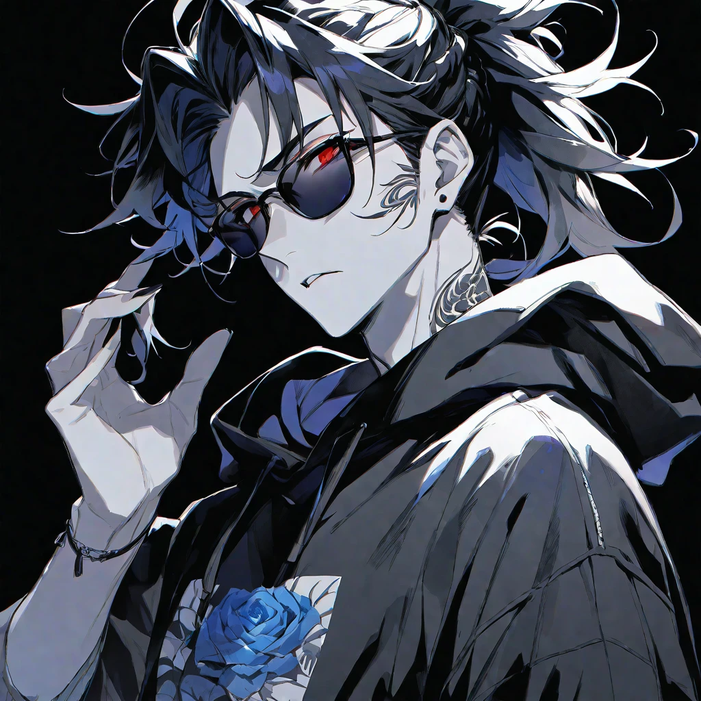 solo, handsome, Monochrome,watercolor,1 male, Ponytail, Braided black hair, red eyes, Gojo Satoru,casual,Blue Rose Tattoo,black Oversized hoodie,casual,Stylish,cool,sunglasses,
blackbackground,icon,Despise face up