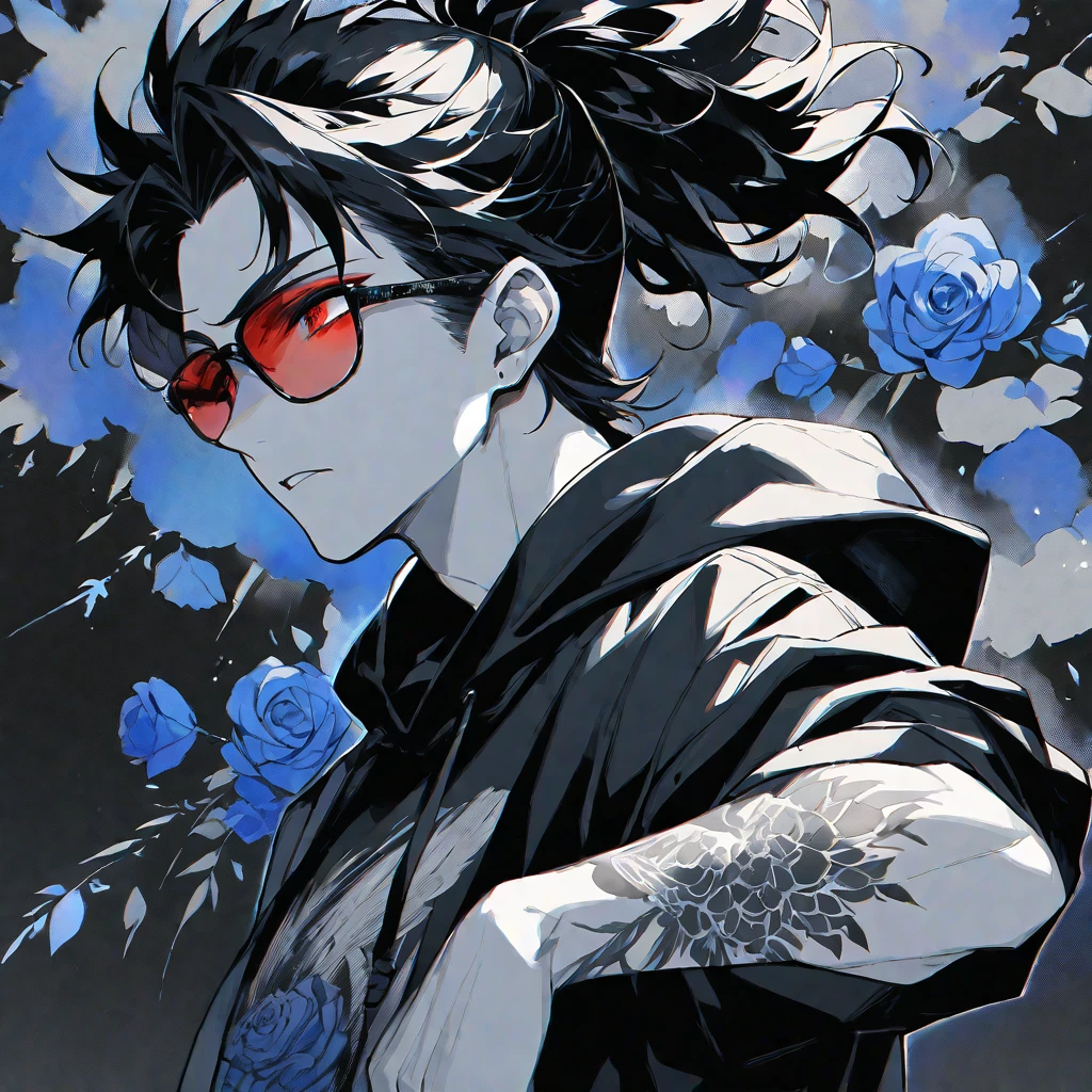 solo, handsome, Monochrome,watercolor,1 male, Ponytail, Braided black hair, red eyes, Gojo Satoru,casual,Blue Rose Tattoo,black Oversized hoodie,casual,Stylish,cool,sunglasses,
blackbackground,icon,Despise face up