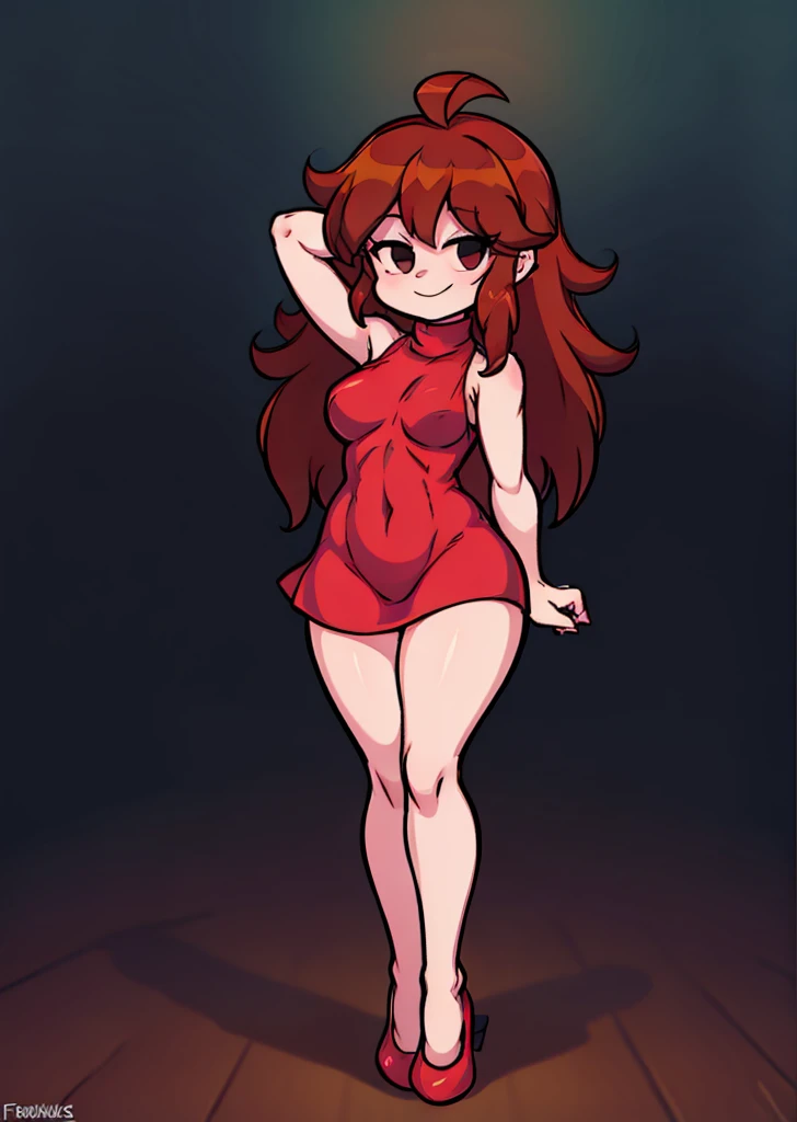 [fnfGF], [Newgrounds], [Friday Night Funkin'], ((masterpiece)), ((solo portrait)), ((front view)), ((detailed line art)), ((chibi style)), ((cartoon aesthetic)), {Beautiful girl, long brunette hair, cute black eyes, curvy figure, cute smile},  {short Red sleeveless turtleneck dress, red heels}, {standing, cute pose}, [ambient lighting, simple background, stage lights]