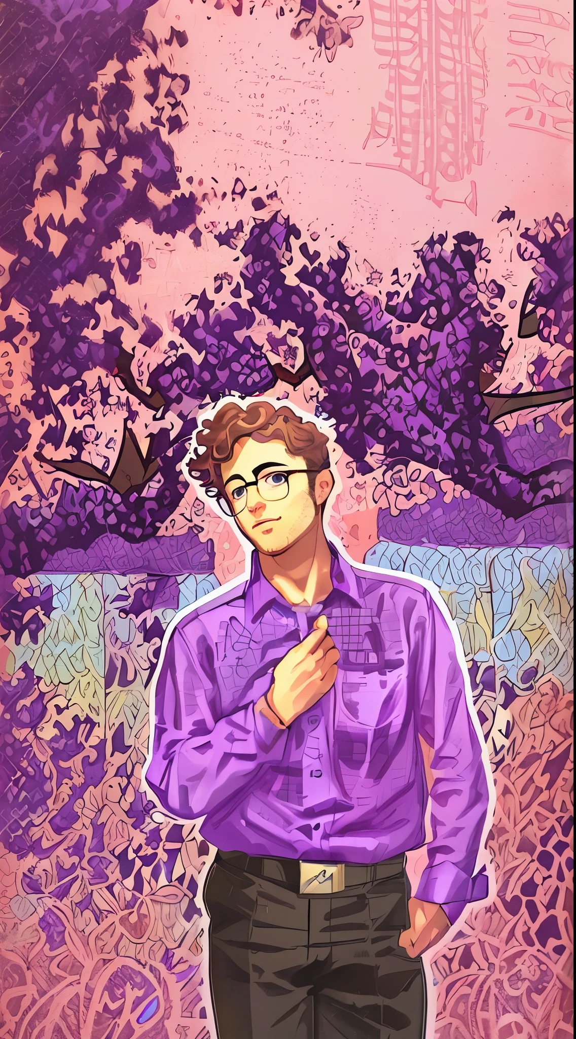 man, curly hair, glasses, purple shirt