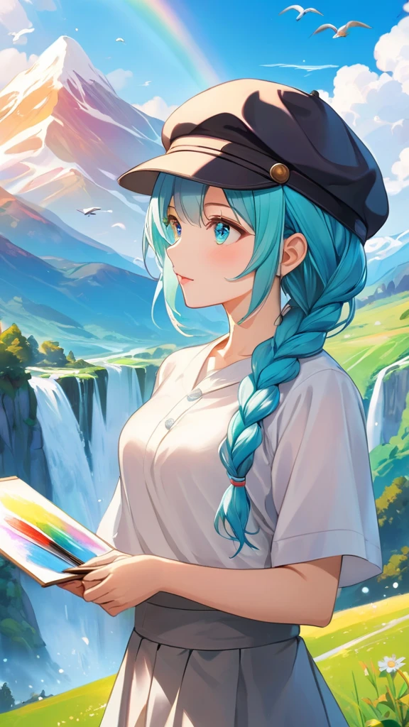 Female, woman, mature, Beautiful, Humble, Kind, long hair upper waist Stright Braided Hairstyles, Aqua blue pupil eyes colour, bright cyan Hairs, wear Newsboy Cap rainbow colours, white dress flowing with skirt, Painting mountains with a waterfall and a rainbow, filled with many birds flying on canvas, holding little brush painting, grassland background in the morning. Anime style, vivid colours. Detail eyes, detail body, detail face, detail lips, detail fingers, detail backgrounds.