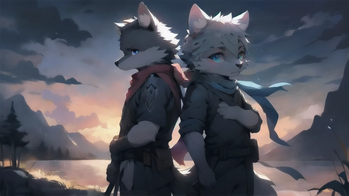 Wolf,juvenile,male,Gray-black fur,Sky blue eyes,Ancient combat uniform,scarf,Holding a long sword,Scabbard back,permanent,The only one,dawn,illumination,Break
