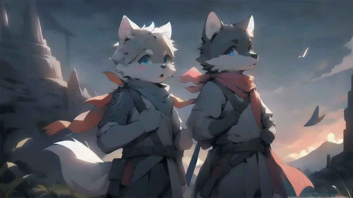 Wolf,juvenile,male,Gray-black fur,Sky blue eyes,Ancient combat uniform,scarf,Holding a long sword,Scabbard back,permanent,The only one,dawn,illumination,Break