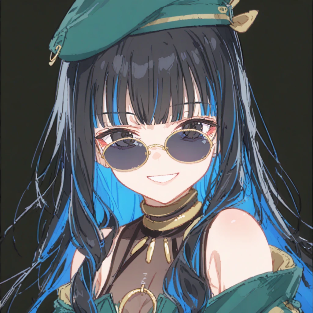 score_9, source_anime, anime_coloring, anime_screencap, 1girl, long hair, multicolored hair, black hair, sidelocks, blue hair, wavy hair, eyeliner, jewelry, beret, o-ring, neck ring, buttons, round sunglasses, bracelet, bare shoulders, green jacket, off shoulder, zipper, smile, black background, simple background,