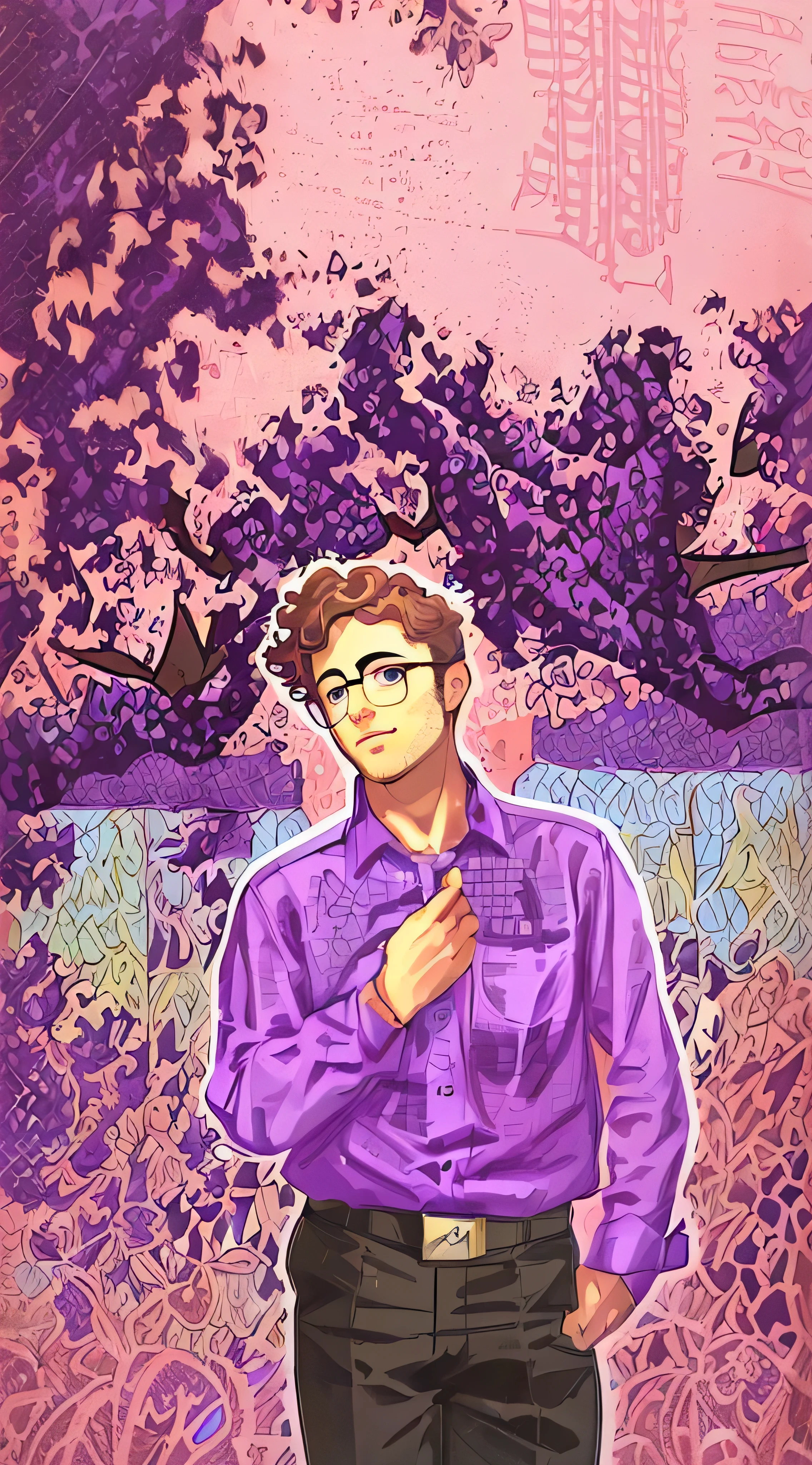 man, curly hair, glasses, purple shirt