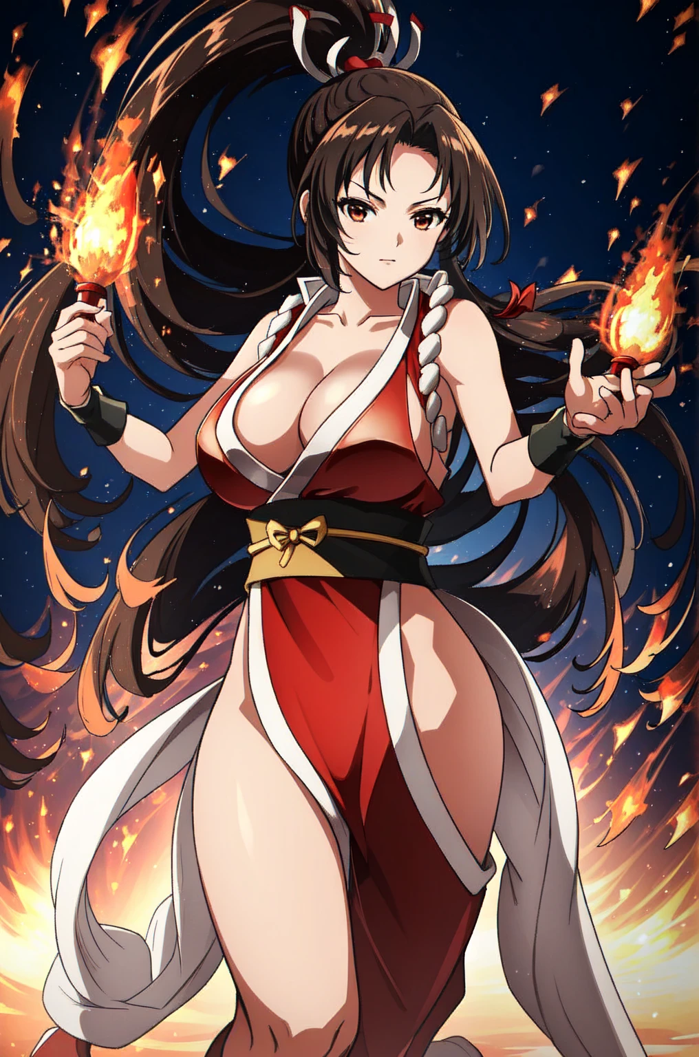 12k,((Highest quality)), ((masterpiece)), ((Realistic)), Dance does not know fire, My Style, Red clothes, striking a confident pose, Japanese temple detailed background, Warm front light, Contrast and sharpness, Medium depth of field, Dynamic Perspective, Proper scale and proportions, Detailed velvet texture.,