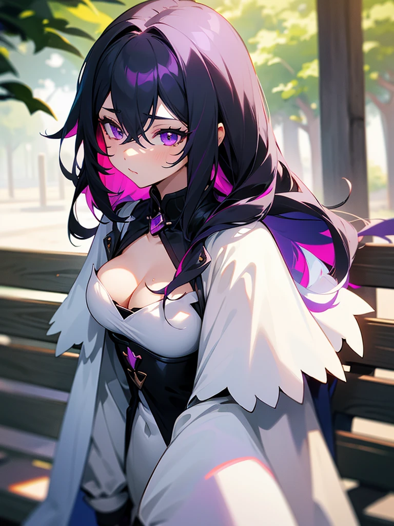 1girl, solo, young, young medium long hair, breasts, black hair, white tips, cleavage, hair between eyes, medium breasts, purple eyes, upper body, white hair, multicolored hair, outdoors, two-tone hair, cape , up, bench, cover