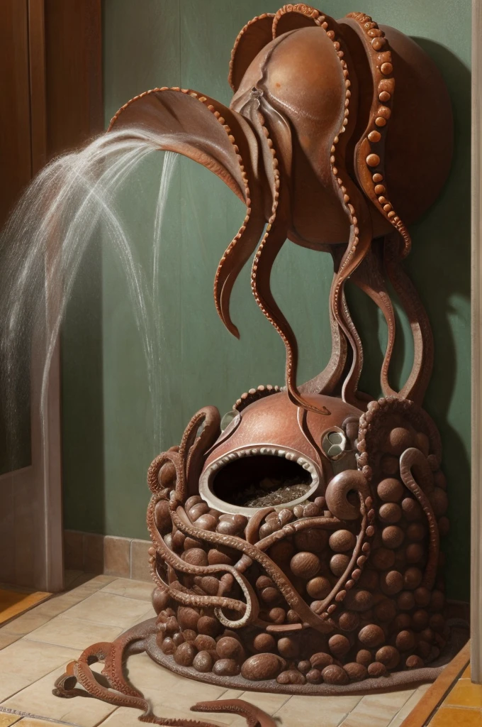 octopus in a toilet with steam coming out of it, anthropomorphic