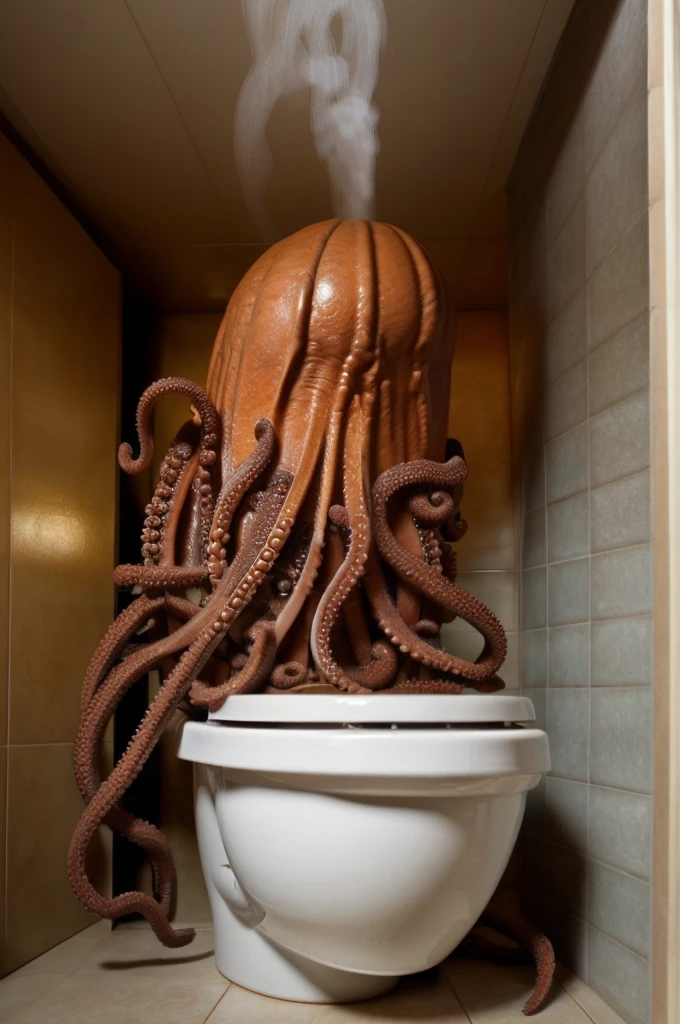 octopus in a toilet with steam coming out of it, anthropomorphic