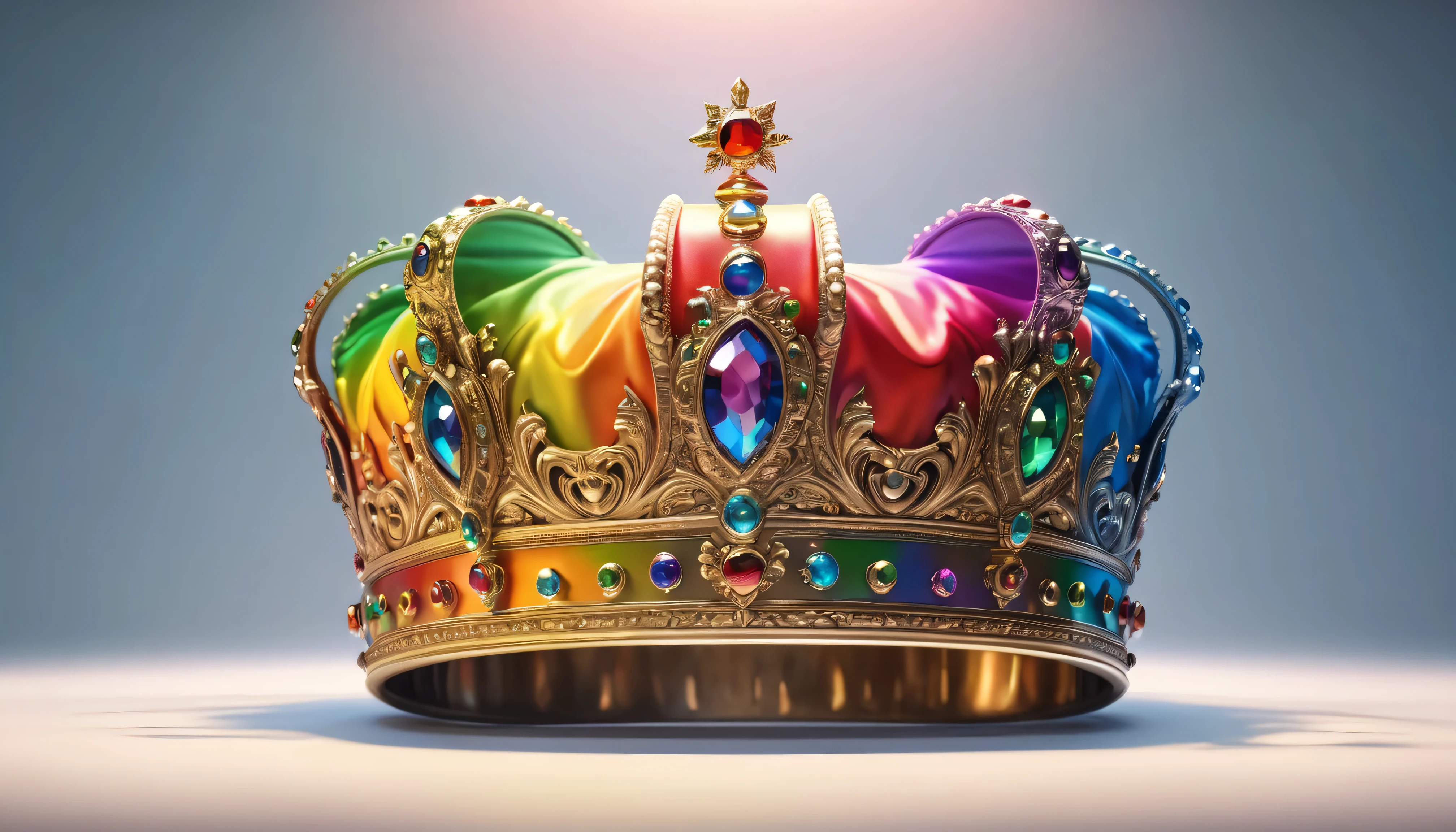 a king's crown, colorful, isolated, rainbow, cinematic lighting, fantasy, highly detailed, digital painting, 8k, photorealistic, sharp focus, vibrant colors, chiaroscuro, dramatic shadows, jewels, gold, royal, regal, ornate, intricate design, reflective surface, glowing, mesmerizing, epic, majestic