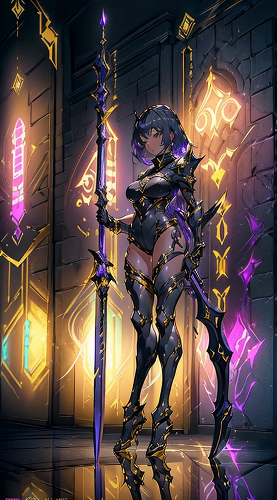 Design a layout showcase Gaming character, ((1girl)), assasin:1.4, Golden+Purple clothes, Black_Desert_style, stylish and unique, ((showcase weapon:1.4)), magic staff, (masterpiece:1.2), (best quality), 4k, ultra-detailed, (Step by step design, layout art:1.5), (luminous lighting, atmospheric lighting), Final Fantasy style, magican, ((glove full hands)), fran, viera, (((revealing clothes:1.3))), vambraces, armored legwear, (((full_body_shot:1.4))), Niji, back_view, T_pose