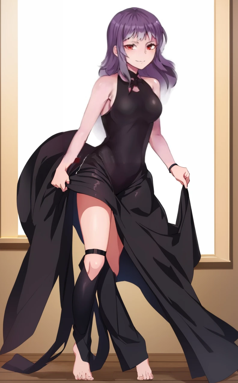 a woman in a black swimsut, anime moe artstyle, anime girl wearing a black swimsut, gapmoe yandere, gapmoe yandere grimdark, cute anime waifu, seductive anime girl, tall, noire, sultry smirk, full body, bare tight, black swimsuit, bare leg