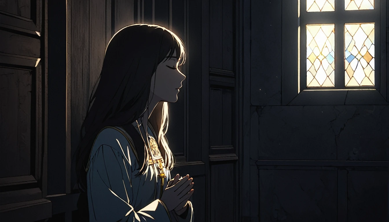 High definition animation. A girl is kneeling in a slightly dark church. The girl closes her eyes, sees Jesus hanging on the wall, and prays with her hands together. One window. A half-body shot of a girl, side view. Light from the window illuminates the girl's face.