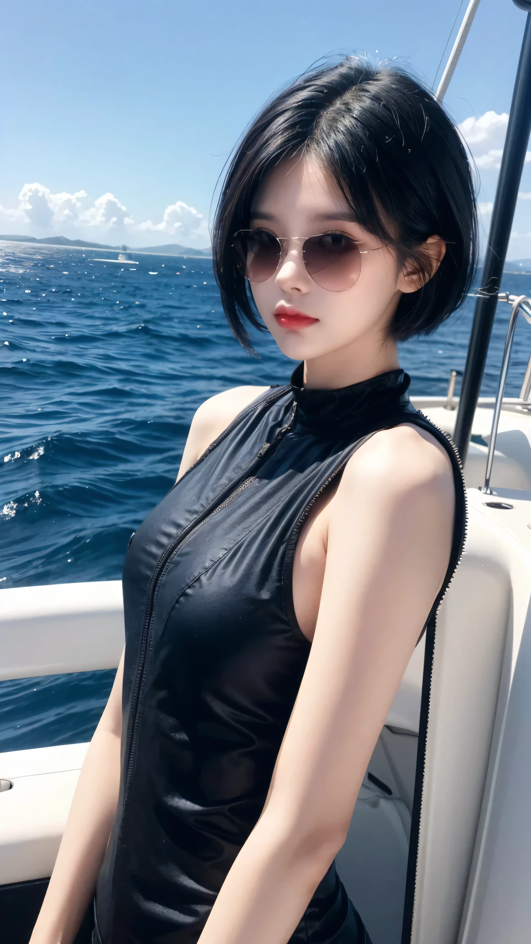 best quality, 1 Girl, dark blue hair, black eyes, Very short hair, Spiky hair,  Wearing black sunglasses, 171 cm, Messy hair, Hair between the eyes, Medium breas, Tomboy, aldult, 20 years old, 1 Girl with yatch luxury at the sea