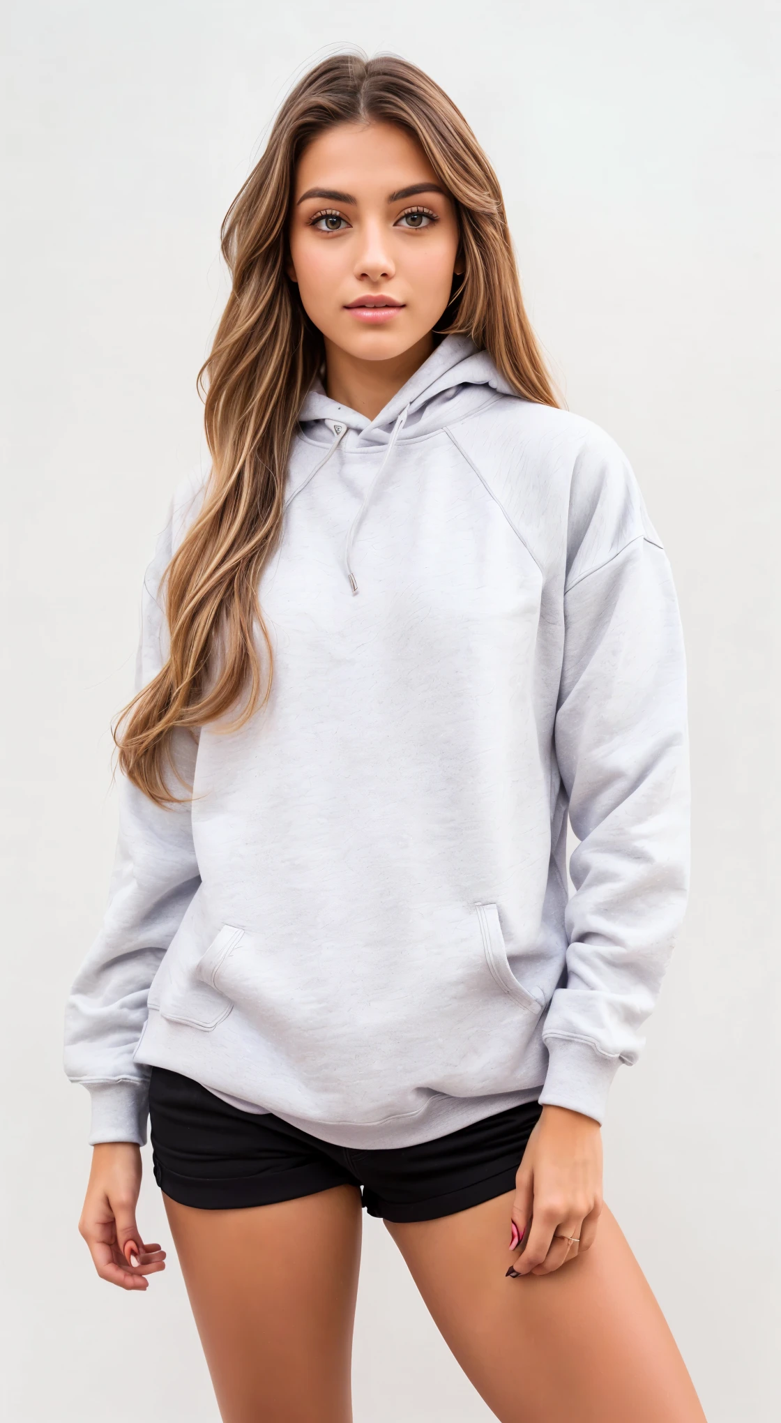 a woman in a cinza capuz e shorts muito curto poses for a picture, wearing an superdimensionado capuz, superdimensionado capuz, cinza capuz, wearing capuz, wearing a cinza encapuzado sweatshirt, capuz, wearing a capuz, gray capuz, um casaco com capuz, wearing a um casaco com capuz, girl wearing capuz, superdimensionado, vestindo moletom, light cinza, cinza, Roupa casual, in a capuz, cinza capuz opened, encapuzado