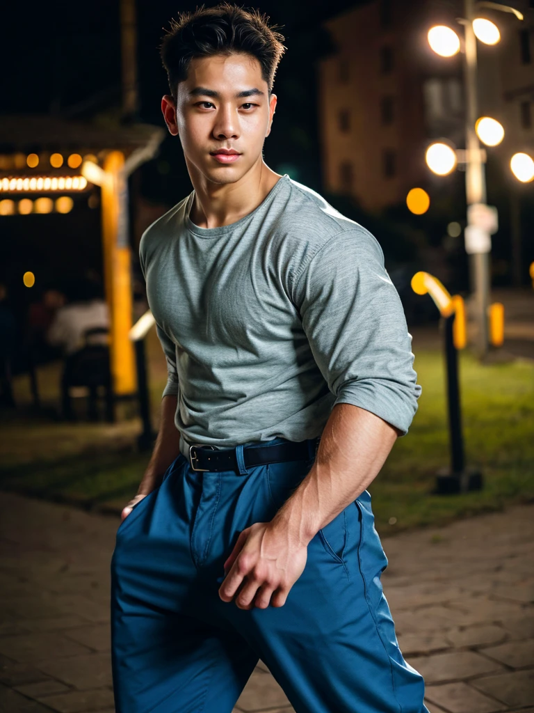 a young asian man, 20 years old, wearing a shirt and pants, dynamic movement pose, big pecs, (best quality,4k,8k,highres,masterpiece:1.2),ultra-detailed,(realistic,photorealistic,photo-realistic:1.37),HDR,UHD,studio lighting,ultra-fine painting,sharp focus,physically-based rendering,extreme detail description,professional,soft colors,bokeh,portrait,photography