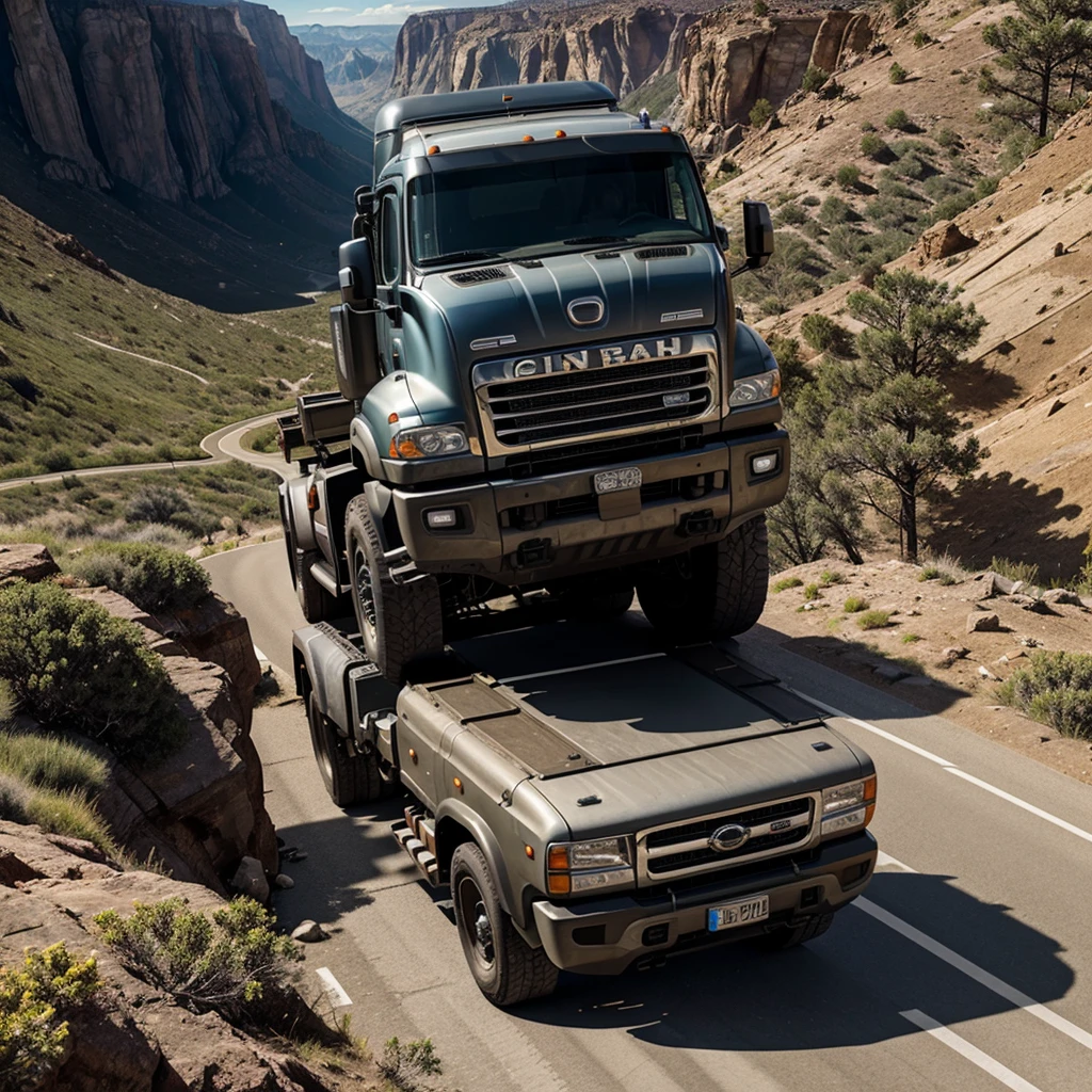 Create a highly realistic image of a large truck stuck precariously on the edge of a steep cliff. The truck should be teetering dangerously, with one set of wheels off the ground, and the surrounding scenery should include rugged rocks, sparse vegetation, and a dramatic drop-off. The scene should convey a sense of tension and danger, with realistic lighting and shadows that highlight the precarious situation of the truck