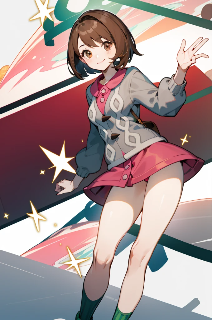 masterpiece, best quality, highres, gloria1, 1girl, gloria \(pokemon\), brown hair, solo, brown eyes, tam o' shanter, grey cardigan, pink dress, short hair, green socks, socks, bob cut, bangs, long sleeves, collared dress, thighs, breasts, smile