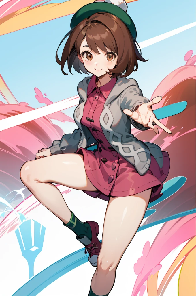 masterpiece, best quality, highres, gloria1, 1girl, gloria \(pokemon\), brown hair, solo, brown eyes, tam o' shanter, grey cardigan, pink dress, short hair, green socks, socks, bob cut, bangs, long sleeves, collared dress, thighs, breasts, smile