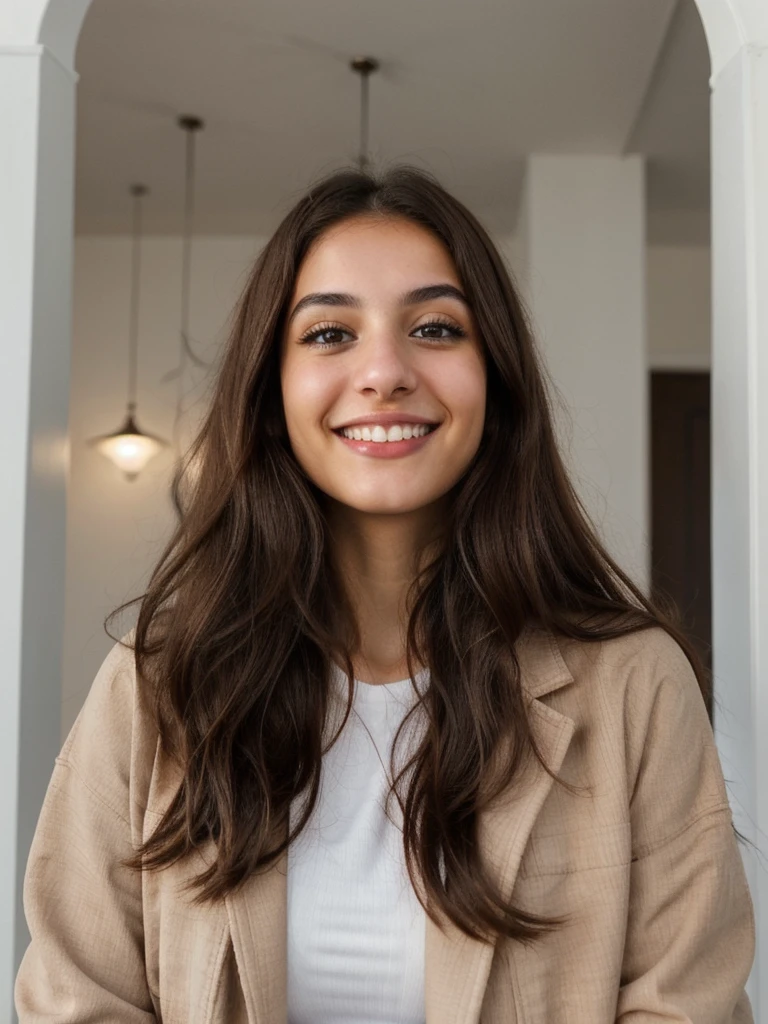 one cute women, 20YO, white, Arab, cute face, realistic brown eyes, blue jacket, brown hair, cute smile, skinny face, white realistic teethes, big eyes, long hair