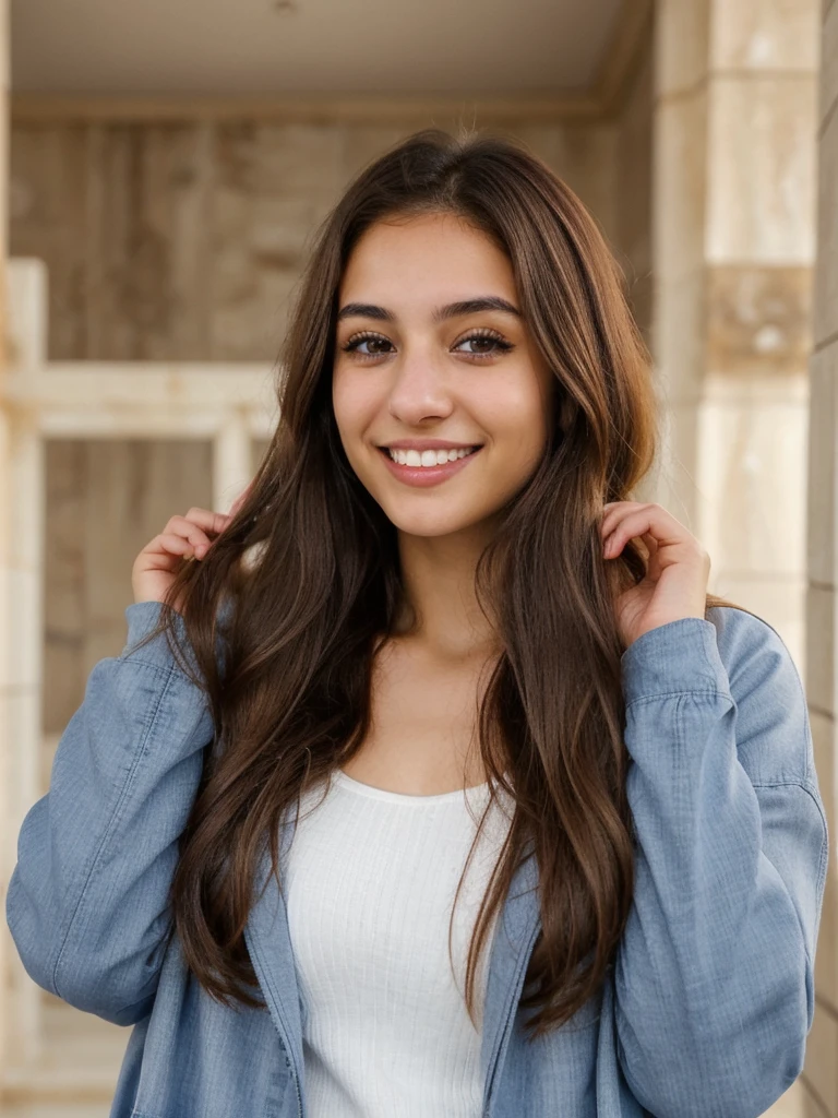 one cute women, 20YO, white, Arab, cute face, realistic brown eyes, blue jacket, brown hair, cute smile, skinny face, white realistic teethes, big eyes, long hair