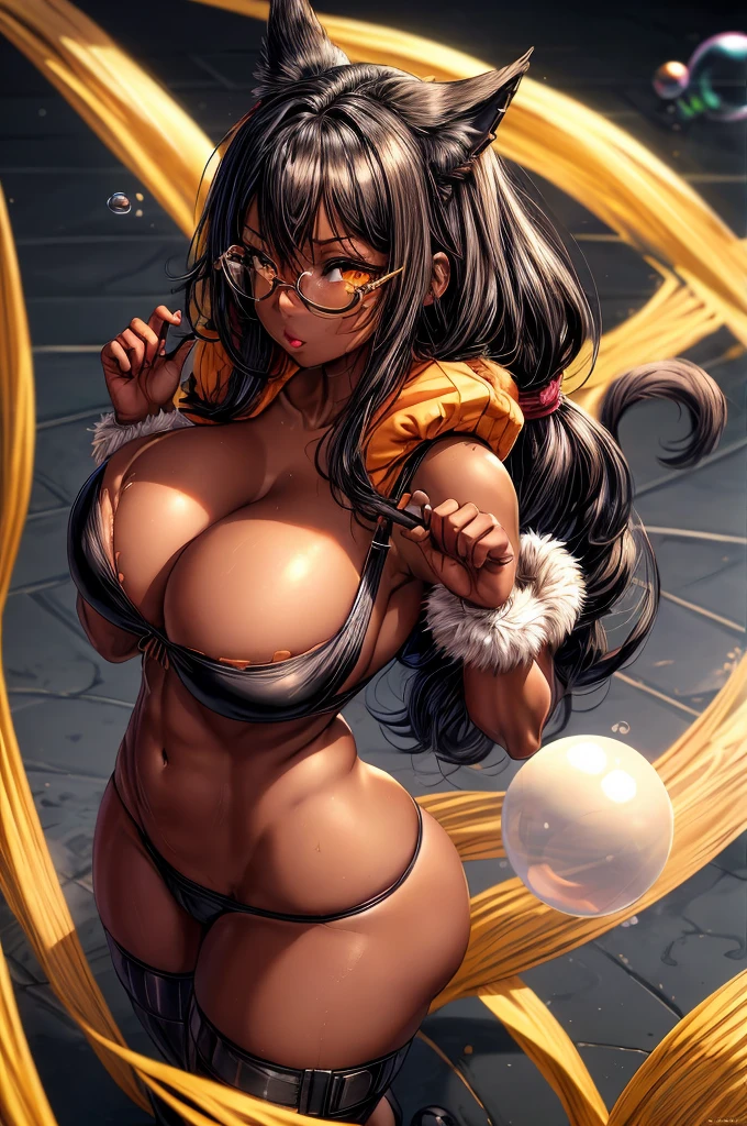 Full body pin-up, Top-down shot, ultra-detailed, masterpiece, lying on the dojo floor, from above, sweaty, breath hard, 1girl, kitsune, loose messy gi, sensuous short-stack, very dark-skin black woman, african-caribbean fighter, dark chocolate complexion, heart-shaped face, a Nubian nose, black urban hair, big hooded orange-gold heterochromia eyes, glasses, voluptuous perfect oval physique, firm breast, wide hips, bubble butt abs, defined sensual muscle, fox girl, waving tail,,sensuous short-stack black woman,kickboxer, dark chocolate complexion, heart-shaped face, a Nubian nose, black urban hair, big hooded orange-gold heterochromia eyes, glasses, voluptuous perfect oval physique, firm breast,wide hips, bubble butt