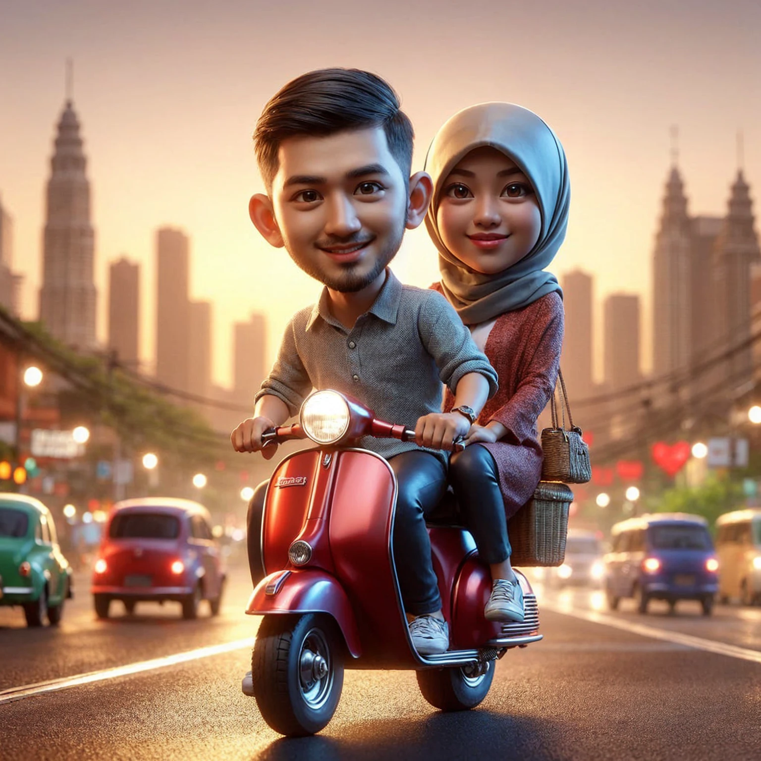 A 3D caricature image of a Indonesian man aged 25 short crew hair wearing a casual shirt riding a metallic red miniature vespa with a woman wearing pashmina hijab his passenger, city lights and streets, in center of city road while sunset. UHD. ultra-detailed and complex.