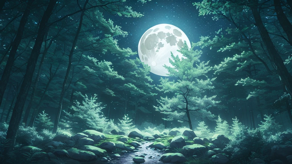 a beautiful clear night forest with a full moon in the sky, many detailed trees, lush foliage, moody lighting, serene atmosphere, highly detailed, 8k, photorealistic, dramatic lighting, cinematic, fantasy, mystical, ethereal, glowing moon, stars in the sky, moonlight shining through the trees, beautiful nature landscape