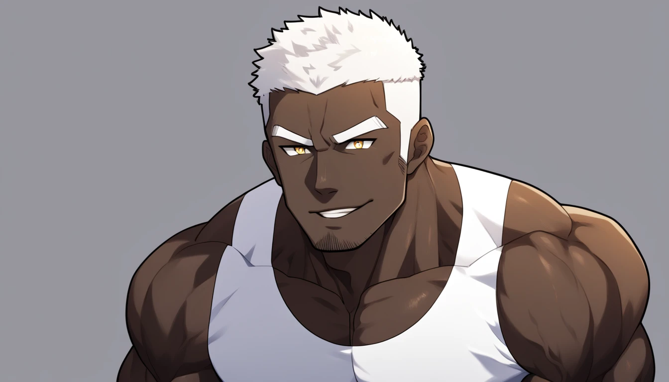 negro, negro, negro, anime characters:Gyee, Fitness coach, negro black skin, 1 muscular tough guy, Manliness,male focus, Cream White Sleeveless Tight T-Shirt, Very tight, The pectoral muscles are oversized, Slightly transparent, muscular male, muscular, only, Upper body, alone, White short hair, Thick eyebrows, stubble, Yellow eyes, Grey background, simple background, amazing quality, best aesthetics, Ridiculous, bright pupils, crew cut, parted lips, seductive smile, torogao, naughty face, drop shadow, best quality