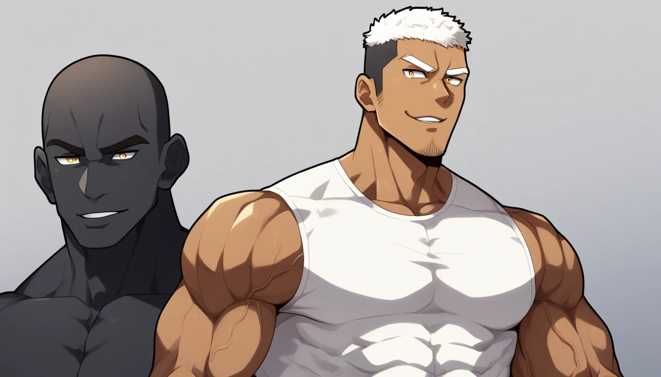 negro, negro, negro, anime characters:Gyee, Fitness coach, negro black skin, 1 muscular tough guy, Manliness,male focus, Cream White Sleeveless Tight T-Shirt, Very tight, The pectoral muscles are oversized, Slightly transparent, muscular male, muscular, only, Upper body, alone, White short hair, Thick eyebrows, stubble, Yellow eyes, Grey background, simple background, amazing quality, best aesthetics, Ridiculous, bright pupils, crew cut, parted lips, seductive smile, torogao, naughty face, drop shadow, best quality