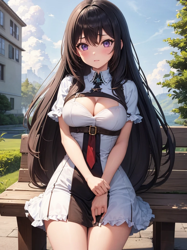 1girl, solo, young, young medium long hair, breasts, black hair, white tips, cleavage, hair between eyes, medium breasts, purple eyes, upper body, white hair, multicolored hair, outdoors, two-tone hair, cape , up, bench, cover