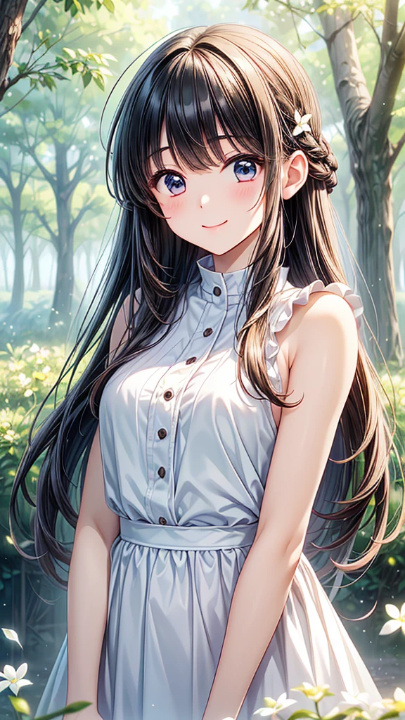 young woman、smile、((Straight long hair))、Blushing、((masterpiece、High resolution、16K))、((Random design spring clothes))、(Very close:1.5)、Forest Park(Focus on the upper body:1.5)、((Wave at me))